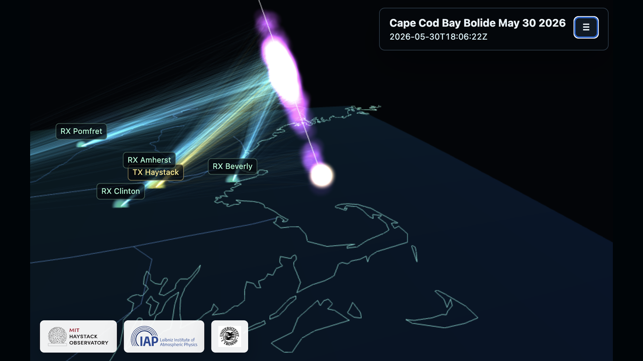 Screenshot of the Cape Cod Bay bolide WebGL visualization